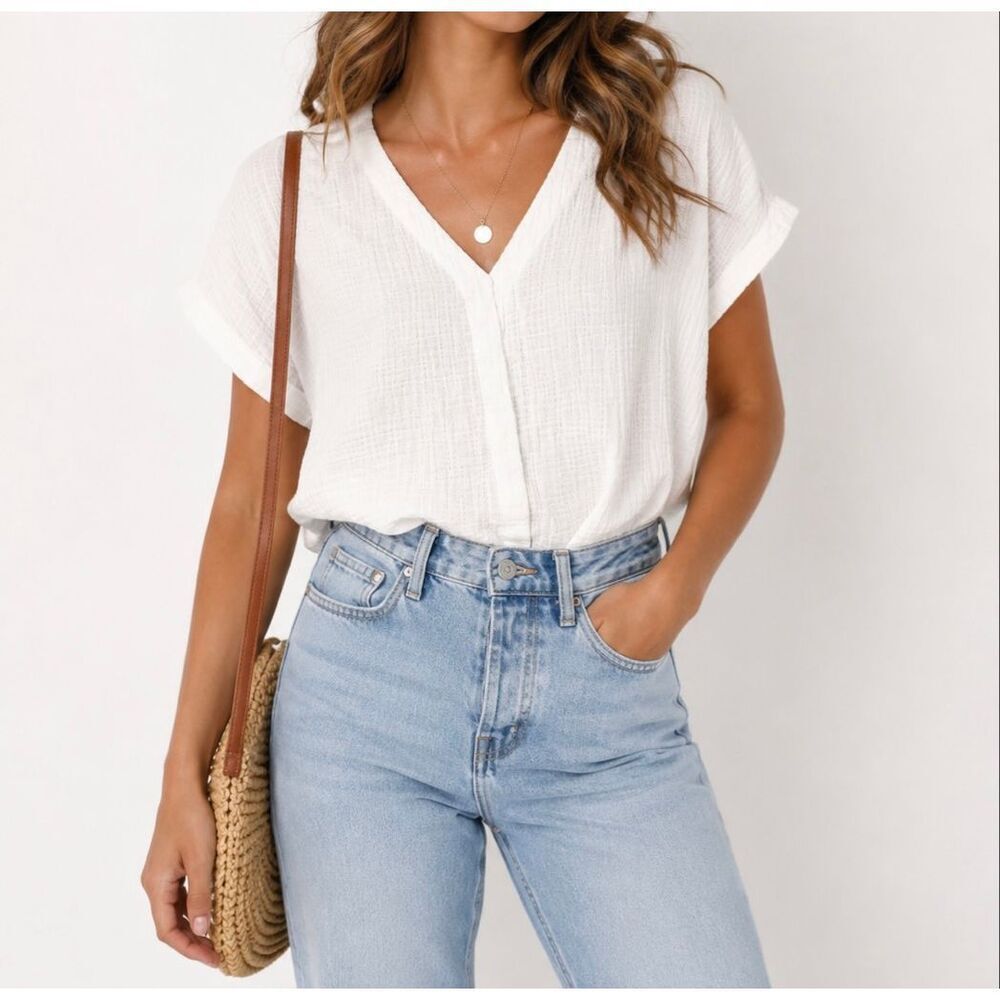 Michelle McDowell White Gauze Blouse Large Coastal Minimalist Top